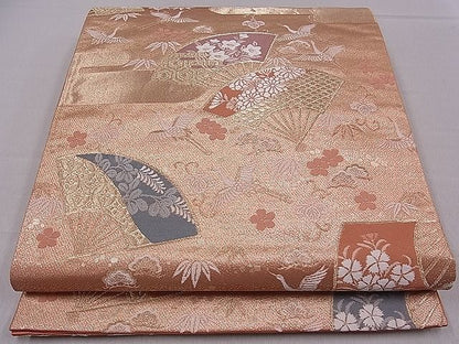 平和屋着物■六通柄袋帯 唐織 エ霞扇面飛鶴花文 金糸 逸品 ch2917