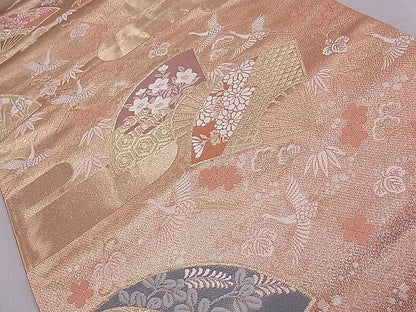 平和屋着物■六通柄袋帯 唐織 エ霞扇面飛鶴花文 金糸 逸品 ch2917