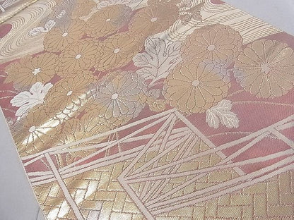 平和屋着物■西陣 服部織物謹製 六通柄袋帯 流水枝菊文 こはく錦 二重箔織 逸品 ch2982