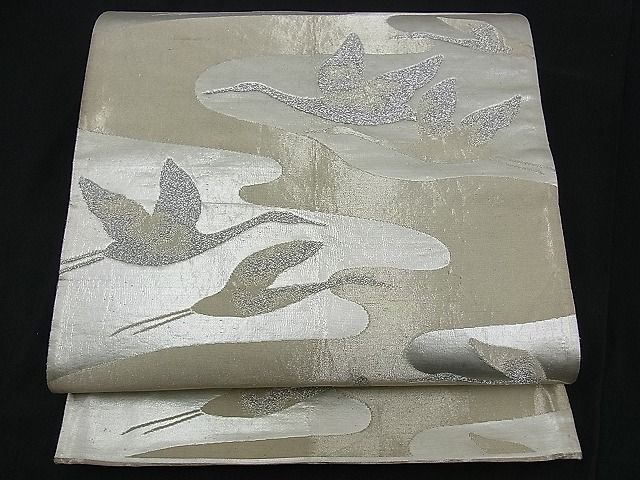 平和屋着物■六通柄袋帯 霞飛鶴文 銀糸 逸品 n-ck1059