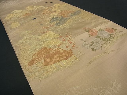 平和屋着物■アンティーク 大正ロマン 六通柄 本袋帯 風景文 金糸 逸品 cm1928