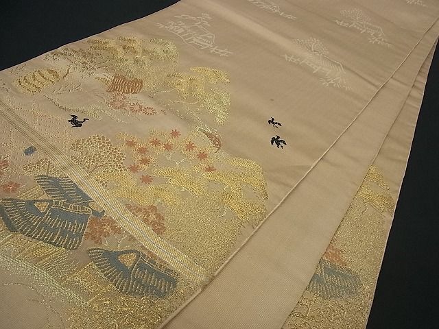 平和屋着物■アンティーク 大正ロマン 六通柄 本袋帯 風景文 金糸 逸品 cm1928
