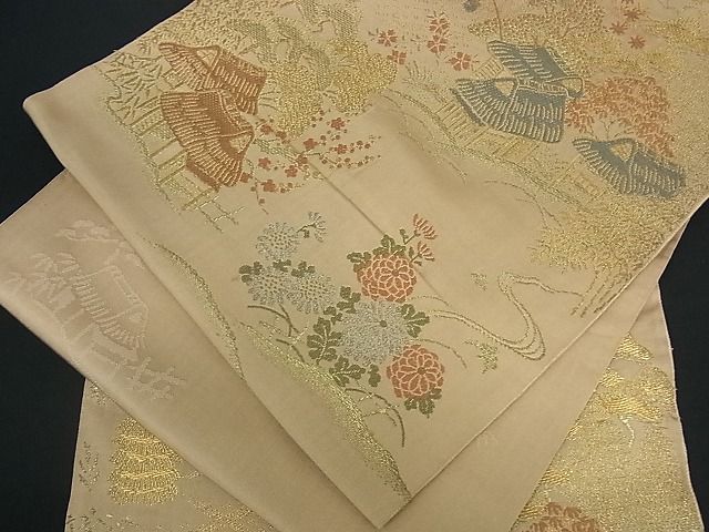 平和屋着物■アンティーク 大正ロマン 六通柄 本袋帯 風景文 金糸 逸品 cm1928