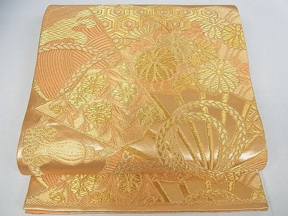 平和屋着物■六通柄袋帯 吉祥扇面花文 金糸 逸品 cm2409