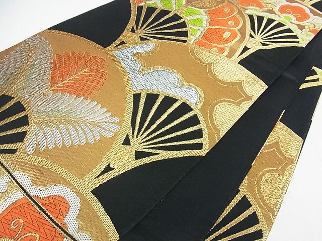 平和屋着物■六通柄袋帯 扇面花文 黒地 金銀糸 逸品 cm2445