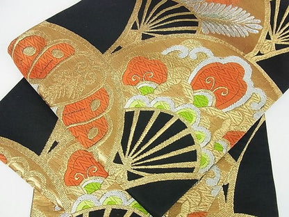 平和屋着物■六通柄袋帯 扇面花文 黒地 金銀糸 逸品 cm2445