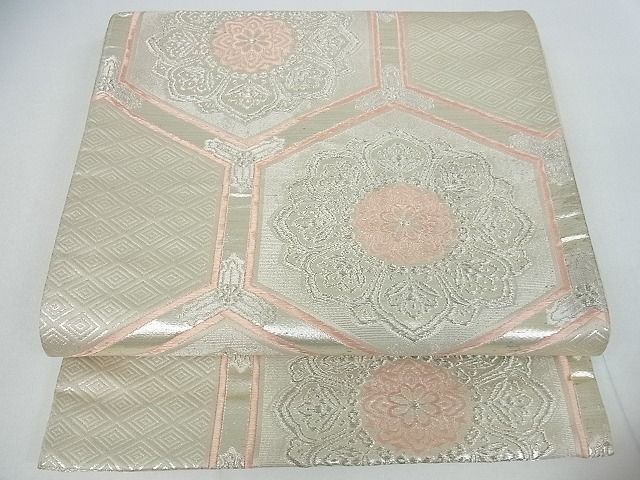 平和屋着物■六通柄袋帯 亀甲花文 銀糸 逸品 cm2483