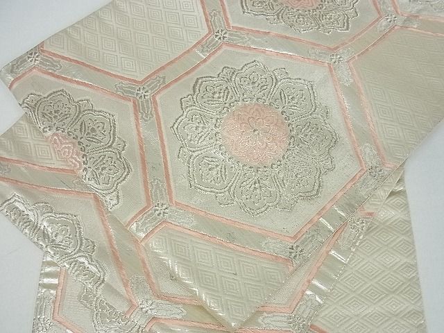平和屋着物■六通柄袋帯 亀甲花文 銀糸 逸品 cm2483