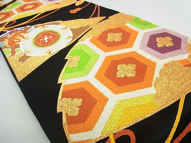 平和屋着物■六通柄袋帯 唐織 鼓亀甲花文 黒地 金糸 逸品 cm2539
