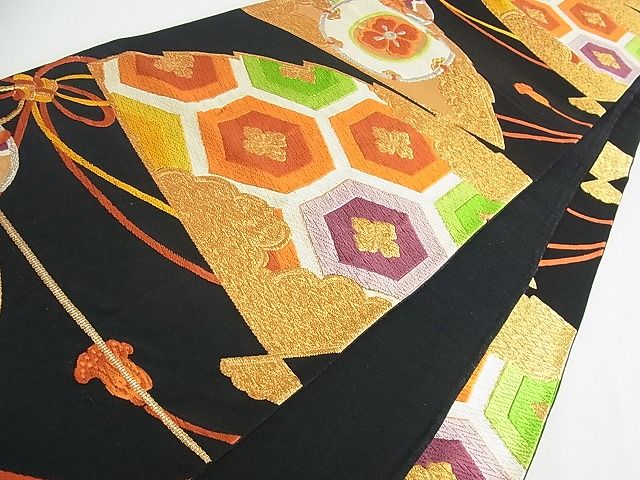 平和屋着物■六通柄袋帯 唐織 鼓亀甲花文 黒地 金糸 逸品 cm2539