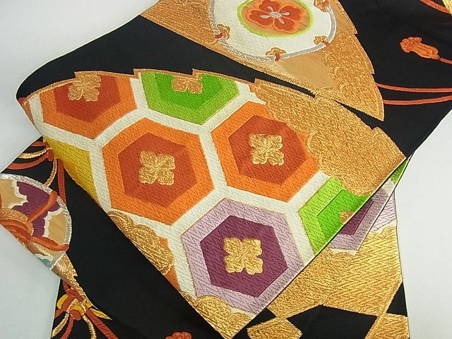 平和屋着物■六通柄袋帯 唐織 鼓亀甲花文 黒地 金糸 逸品 cm2539