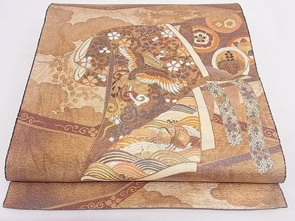 平和屋着物■太鼓柄袋帯 鳳凰花文 金彩 引箔 正絹 逸品 B-cy4515