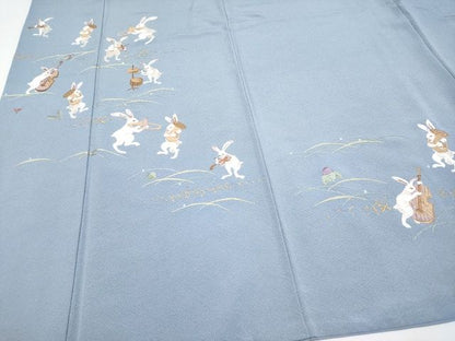 平和屋本店■極上　訪問着　総刺繍　兎　演奏　金糸　勿忘草色地　逸品　CYAA0782s4