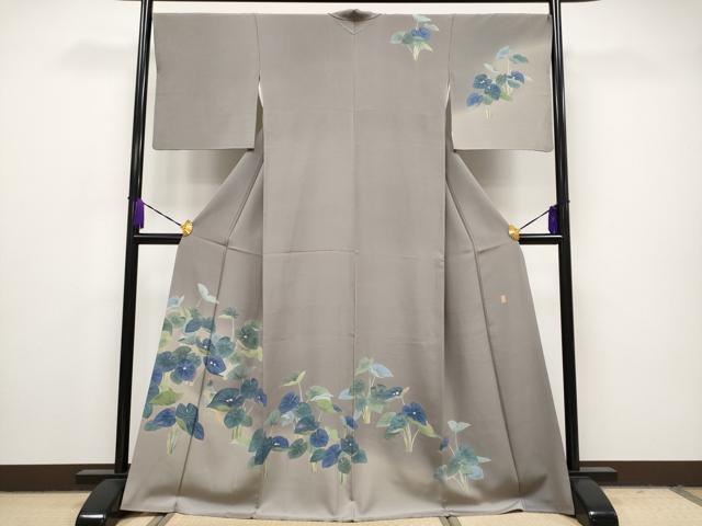 平和屋本店■極上　十日町　加賀草木友禅の第一人者　田村哲彦　訪問着　尾長鳥　枝葉文　暈し染め　煤色地　逸品　CYAA1036s5