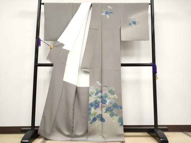 平和屋本店■極上　十日町　加賀草木友禅の第一人者　田村哲彦　訪問着　尾長鳥　枝葉文　暈し染め　煤色地　逸品　CYAA1036s5