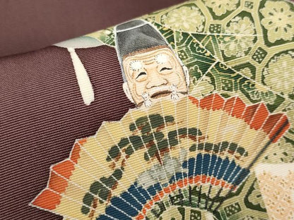 平和屋本店■極上　加賀友禅の巨匠　初代　由水十久　塩瀬　九寸名古屋帯　能舞　煤竹色地　逸品　CYAA1127s5