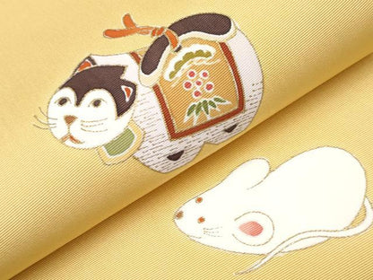 平和屋本店●極上　東京手描友禅　安達雅一　塩瀬　九寸名古屋帯　十二支　金彩　玉蜀黍色地　逸品　未使用　CYAA1165s5