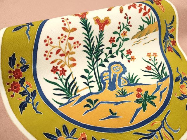 平和屋本店■極上　本加賀友禅作家　木村雨山　九寸名古屋帯　花絵皿文　宍色地　逸品　CYAA1193s5