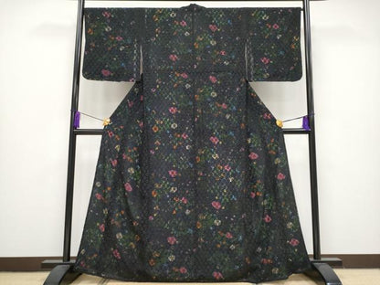 平和屋本店■極上　撫松庵　小紋　無双　草花文　新装大橋謹製　黒地　表地は黒のレース　洗える着物　CYAA1235s5