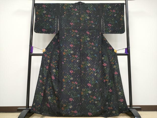 平和屋本店■極上　撫松庵　小紋　無双　草花文　新装大橋謹製　黒地　表地は黒のレース　洗える着物　CYAA1235s5