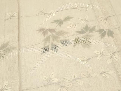 平和屋本店▽極上　訪問着　無双　紗袷　紗×紗　スワトウ刺繍　枝葉文　丁子色地　逸品　CYAA1238s5