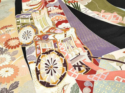 平和屋本店●極上 創業460年・千總 振袖 駒刺繍 御所車熨斗花鳥文 黒地 銀通し地 伊勢丹扱い 逸品 CYAA1253s5