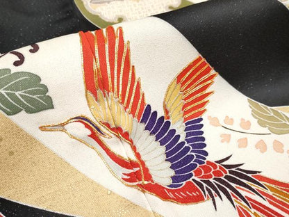 平和屋本店●極上 創業460年・千總 振袖 駒刺繍 御所車熨斗花鳥文 黒地 銀通し地 伊勢丹扱い 逸品 CYAA1253s5
