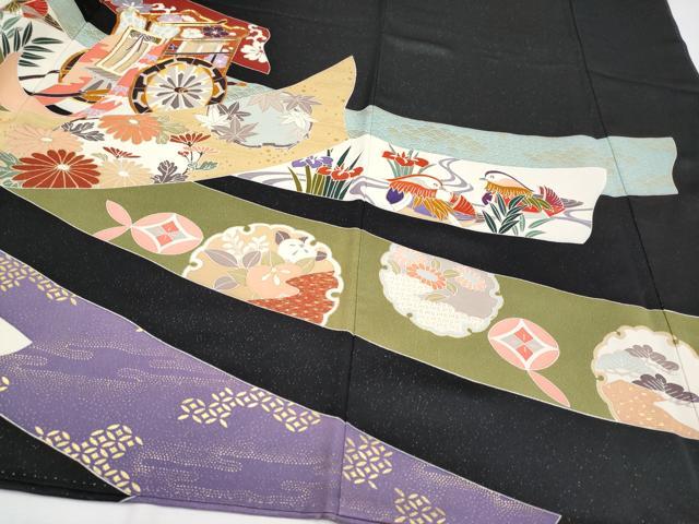 平和屋本店●極上 創業460年・千總 振袖 駒刺繍 御所車熨斗花鳥文 黒地 銀通し地 伊勢丹扱い 逸品 CYAA1253s5