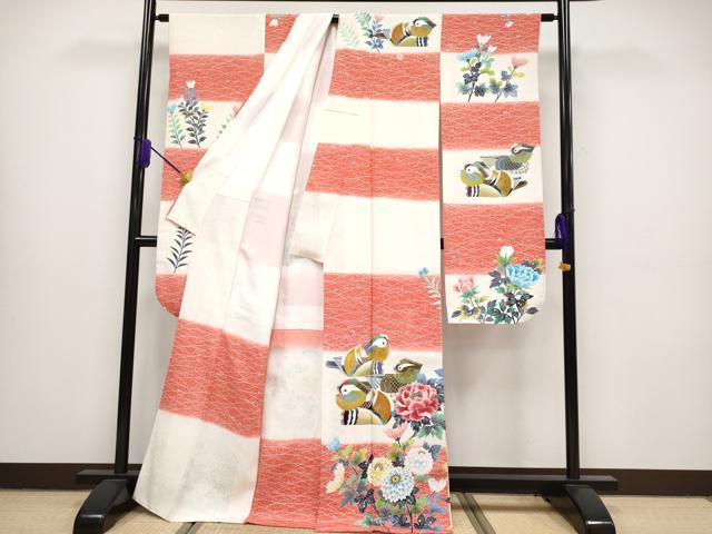 平和屋本店●極上 超大作 鴛鴦10羽 人間国宝・羽田登喜男 振袖・襦袢セット 鴛鴦草花文 たたき染 金銀彩 たとう紙・色紙付 逸品 CYAA1313s5