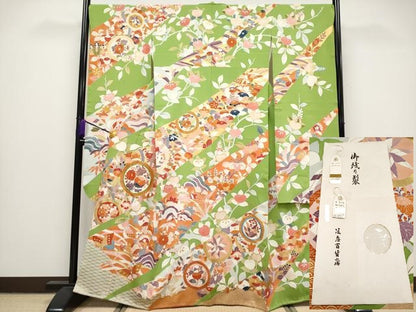 平和屋本店●極上 創業460年・千總 振袖 駒刺繍 舞蝶花丸文 金彩 青丹色 阪急百貨店扱い 紙タグ付き 逸品 CYAA1346s5