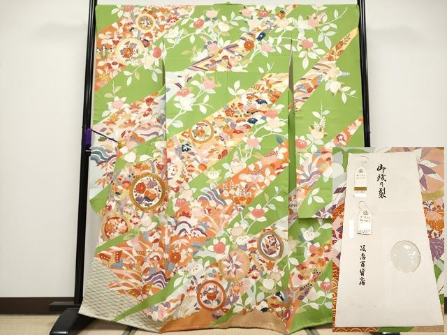 平和屋本店●極上 創業460年・千總 振袖 駒刺繍 舞蝶花丸文 金彩 青丹色 阪急百貨店扱い 紙タグ付き 逸品 CYAA1346s5