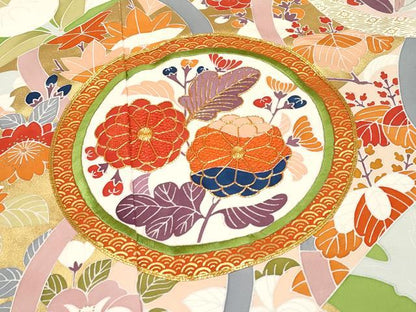平和屋本店●極上 創業460年・千總 振袖 駒刺繍 舞蝶花丸文 金彩 青丹色 阪急百貨店扱い 紙タグ付き 逸品 CYAA1346s5
