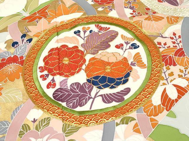 平和屋本店●極上 創業460年・千總 振袖 駒刺繍 舞蝶花丸文 金彩 青丹色 阪急百貨店扱い 紙タグ付き 逸品 CYAA1346s5