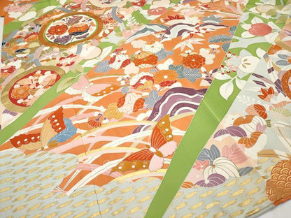 平和屋本店●極上 創業460年・千總 振袖 駒刺繍 舞蝶花丸文 金彩 青丹色 阪急百貨店扱い 紙タグ付き 逸品 CYAA1346s5