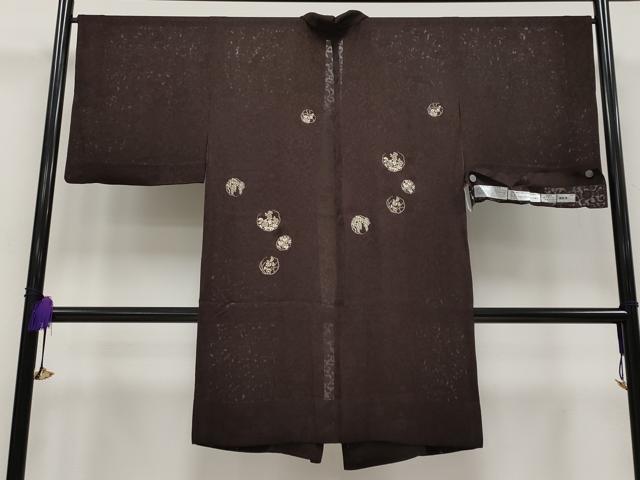 平和屋本店■極上　印傳　道中着　スリーシーズン 春夏秋 塵除け ロング丈 唐草紋紗 花丸文 赤墨色地 水国織物謹製 反端付 逸品 CYAA1353s5
