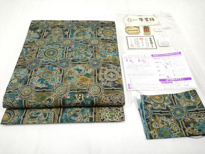 平和屋本店■極上 石川県指定無形文化財 牛首紬 白山工房 前田仁仙 仁仙更紗 全通柄袋帯 上代128万 証紙・反端付 逸品 未使用 CYAA1378s5