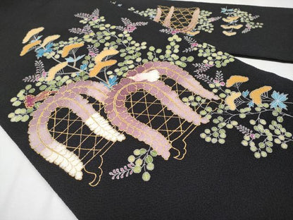 平和屋本店●極上 九寸名古屋帯 枝松藤文 黒地 金彩 鬼しぼ縮緬 逸品 未使用 CYAA1405s5