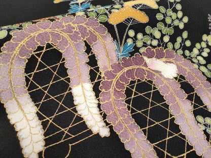 平和屋本店●極上 九寸名古屋帯 枝松藤文 黒地 金彩 鬼しぼ縮緬 逸品 未使用 CYAA1405s5