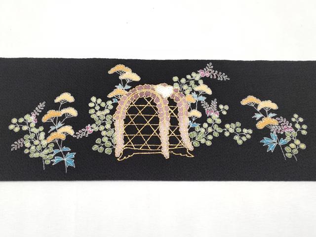 平和屋本店●極上 九寸名古屋帯 枝松藤文 黒地 金彩 鬼しぼ縮緬 逸品 未使用 CYAA1405s5