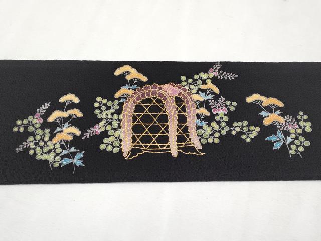 平和屋本店●極上 九寸名古屋帯 枝松藤文 黒地 金彩 鬼しぼ縮緬 逸品 未使用 CYAA1405s5