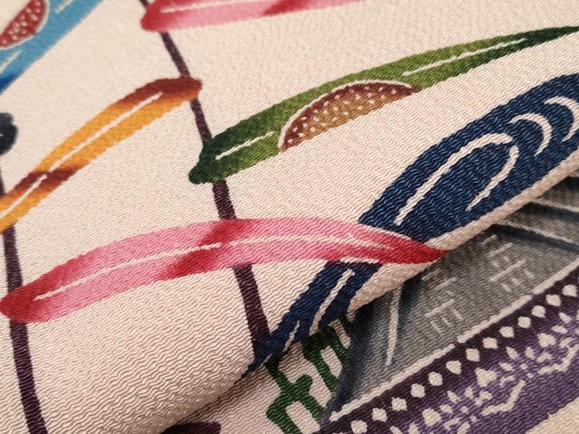 平和屋本店●極上 本場琉球紅型 銀座もとじ 九寸名古屋帯 流水草木花鳥文 鬼しぼ縮緬 雄黄色地 風呂敷付き 逸品 CYAA1440s5