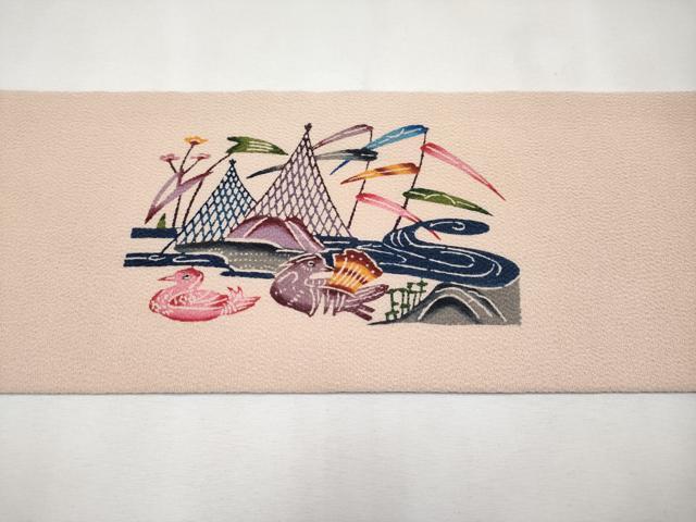 平和屋本店●極上 本場琉球紅型 銀座もとじ 九寸名古屋帯 流水草木花鳥文 鬼しぼ縮緬 雄黄色地 風呂敷付き 逸品 CYAA1440s5