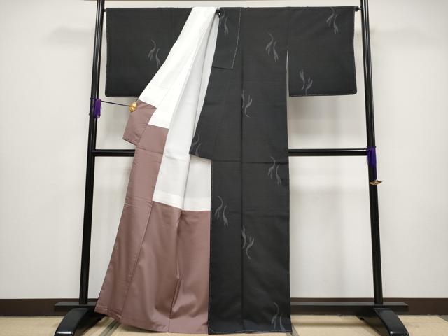 平和屋本店●極上 結城紬 100亀甲 群鶴文 黒地 証紙付き 逸品 未使用 CYAA1497s5
