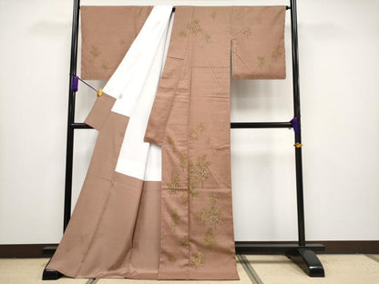 平和屋本店●極上 創業460年・千總 松坂屋染織名作展 訪問着 本場結城紬地 枝葉文 煎茶色地 逸品 未使用 CYAA1501s5
