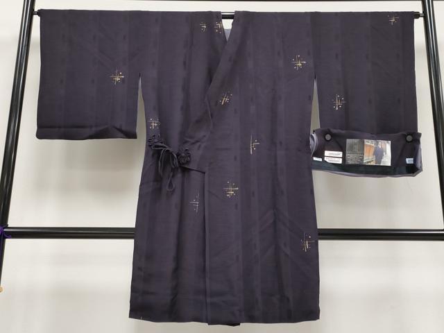 平和屋本店■極上　道中着　ロング丈　紋紗リバーシブルコート　夢路　井桁文様　金彩　反端付き　深紫色地　逸品　CYAA1506s5