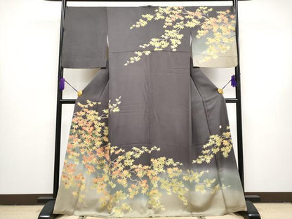 平和屋本店■極上　名門染元　秀美　十日町友禅　龍谷　訪問着　枝楓文　暈し染め　藤煤竹色地　逸品　CYAA3000s5