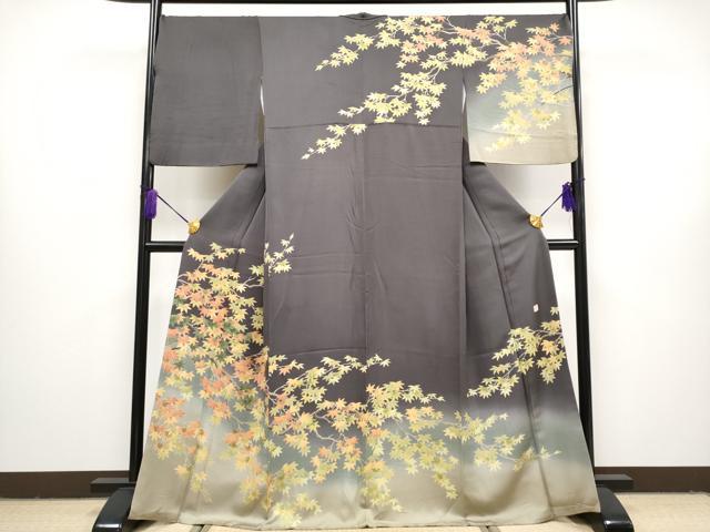 平和屋本店■極上　名門染元　秀美　十日町友禅　龍谷　訪問着　枝楓文　暈し染め　藤煤竹色地　逸品　CYAA3000s5