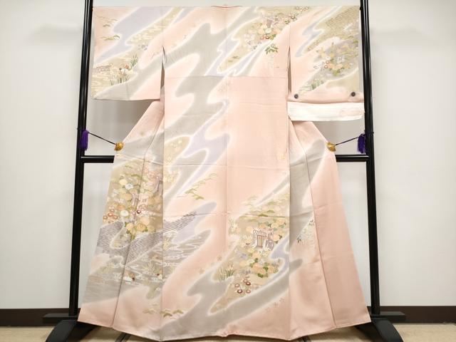 平和屋本店●極上　創業460年・千總　訪問着　駒刺繍　御所車鴛鴦花文　暈し染　金彩　反端付　小田急百貨店扱い　虹色地　逸品 CYAA4301s6