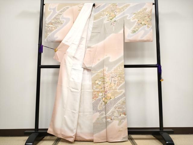 平和屋本店●極上　創業460年・千總　訪問着　駒刺繍　御所車鴛鴦花文　暈し染　金彩　反端付　小田急百貨店扱い　虹色地　逸品 CYAA4301s6