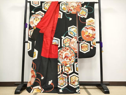 平和屋本店●極上 アンティーク 大正ロマン 振袖 駒刺繍 亀甲鏡裏文 黒地 金彩 逸品 CYAA1583s5